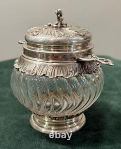 ANTIQUE SUGAR BOWL OR CANDY DISH IN STERLING SILVER AND CRYSTAL BY SILVERSMITH VEYRAT MINERVE 19th CENTURY