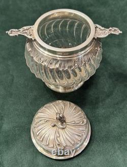 ANTIQUE SUGAR BOWL OR CANDY DISH IN STERLING SILVER AND CRYSTAL BY SILVERSMITH VEYRAT MINERVE 19th CENTURY