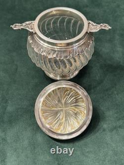 ANTIQUE SUGAR BOWL OR CANDY DISH IN STERLING SILVER AND CRYSTAL BY SILVERSMITH VEYRAT MINERVE 19th CENTURY