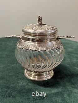 ANTIQUE SUGAR BOWL OR CANDY DISH IN STERLING SILVER AND CRYSTAL BY SILVERSMITH VEYRAT MINERVE 19th CENTURY