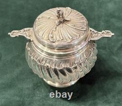 ANTIQUE SUGAR BOWL OR CANDY DISH IN STERLING SILVER AND CRYSTAL BY SILVERSMITH VEYRAT MINERVE 19th CENTURY