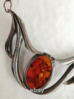 Amber Necklace Old Articulated In Silver, Signed Mw, Art Nouveau