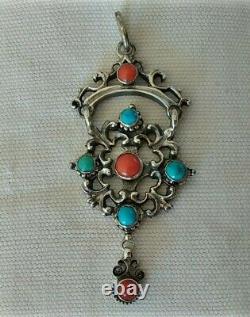 Ancien Pendent XIX Argent Massif Turkey Corail Style Renewance Croix