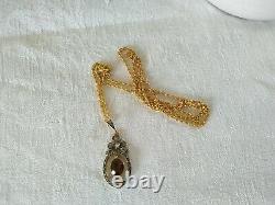 Ancien Pendentif Louis XVI Or 18k Argent Massif Quartz Fumé XIX Chain Necklace