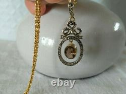 Ancien Pendentif Louis XVI Or 18k Argent Massif Quartz Fumé XIX Chain Necklace