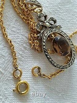 Ancien Pendentif Louis XVI Or 18k Argent Massif Quartz Fumé XIX Chain Necklace