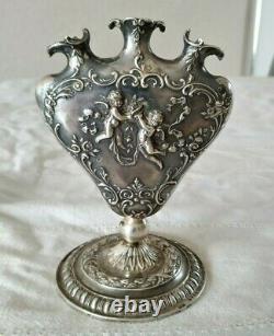 Ancien Vase Tulipier Or Rose Argent Massif Hanau Angelots Putti Sterling 19th