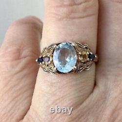 Ancienne Bague Or Rose Argent, Blue Topaze, Jaune Saphir And Blue, Superbe