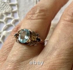 Ancienne Bague Or Rose Argent, Blue Topaze, Jaune Saphir And Blue, Superbe