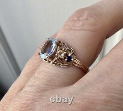 Ancienne Bague Or Rose Argent, Blue Topaze, Jaune Saphir And Blue, Superbe