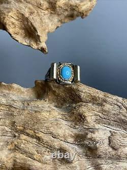 Ancienne Bague Tank T47 Art Deco 1930 Argent Massif And Gold 9 Turquoise Carats