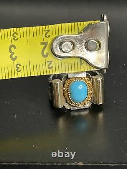 Ancienne Bague Tank T47 Art Deco 1930 Argent Massif And Gold 9 Turquoise Carats