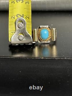 Ancienne Bague Tank T47 Art Deco 1930 Argent Massif And Gold 9 Turquoise Carats