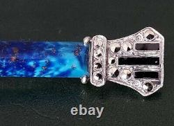 Ancienne Broche Barette Art Deco Silver Massif Lapis Lazuli Marccasites Onyx