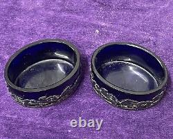 Ancienne Pair Of Cristal Blue Salers And Massing Argent Massif 19th