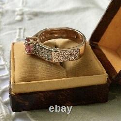 Ancienne Splendide Bague Tank Rubis, Vermeil Or Rose, Argent Massif, Topaze