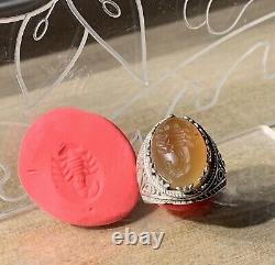 Ancient Afghan Ring, XX, Sterling Silver, Carnelian, Scorpion Intaglio
