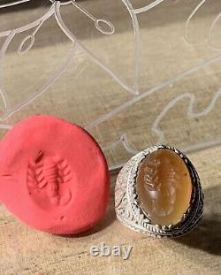 Ancient Afghan Ring, XX, Sterling Silver, Carnelian, Scorpion Intaglio