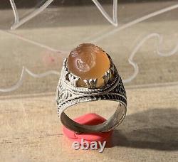 Ancient Afghan Ring, XX, Sterling Silver, Carnelian, Scorpion Intaglio