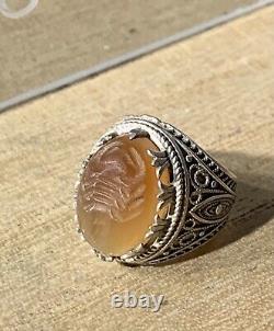 Ancient Afghan Ring, XX, Sterling Silver, Carnelian, Scorpion Intaglio