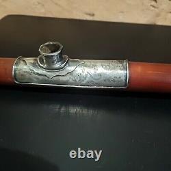 Ancient Bamboo Pipe And Solid Silver C. 1900 China Indochina L47cm Old