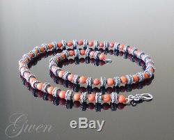 Ancient Beads Necklace XIX Carved Sterling Silver And Coral Beads 54 CM