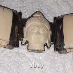 Ancient Bracelet Art Deco Solid Silver And Buddha Carved