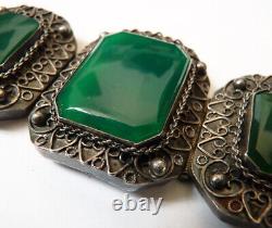 Ancient Ethnic Solid Silver Bracelet with Green Stone