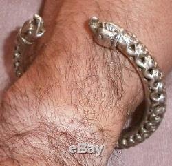 Ancient Ethnic Torque Bracelet In Sterling Silver Openwork & Animal Heads