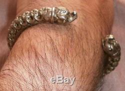 Ancient Ethnic Torque Bracelet In Sterling Silver Openwork & Animal Heads