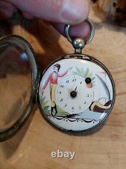 Ancient Gousset Watch With Rooster Silver Massive Dial Email Paints Polychrome Superb