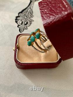 Ancient Large Harem Ring in Solid Silver and Gold with 6 Emeralds Size 56