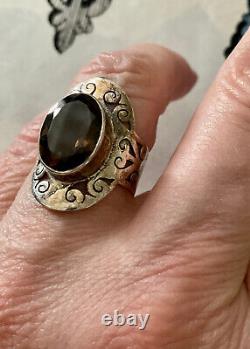 Ancient Large Unique Ring in Solid Silver with Genuine Engravings and Topaz 56