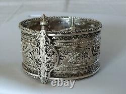 Ancient Middle Eastern Solid Silver Filigree Star Moon Cuff Bracelet