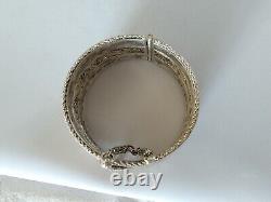 Ancient Middle Eastern Solid Silver Filigree Star Moon Cuff Bracelet