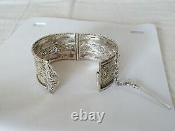 Ancient Middle Eastern Solid Silver Filigree Star Moon Cuff Bracelet