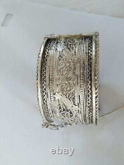 Ancient Middle Eastern Solid Silver Filigree Star Moon Cuff Bracelet