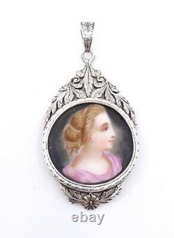 Ancient Pendant In Solid Silver Miniature Painting On 19th Empire Porcelain