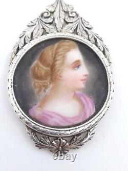 Ancient Pendant In Solid Silver Miniature Painting On 19th Empire Porcelain