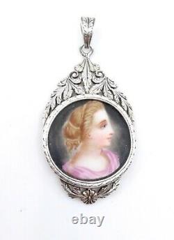 Ancient Pendant In Solid Silver Miniature Painting On 19th Empire Porcelain