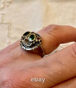 Ancient Ring Peridot Grenat Silver Massive Design Modernist Size 53