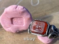 Ancient Roman Ring, Silver, 1st-2nd century AD, Carnelian + Intaglio XX + Boar