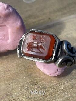 Ancient Roman Ring, Silver, 1st-2nd century AD, Carnelian + Intaglio XX + Boar
