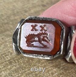 Ancient Roman Ring, Silver, 1st-2nd century AD, Carnelian + Intaglio XX + Boar