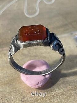 Ancient Roman Ring, Silver, 1st-2nd century AD, Carnelian + Intaglio XX + Boar