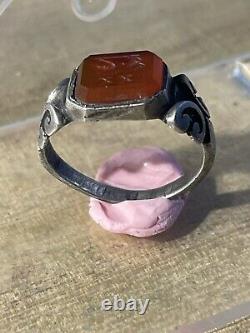 Ancient Roman Ring, Silver, 1st-2nd century AD, Carnelian + Intaglio XX + Boar