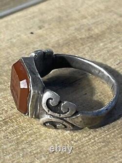 Ancient Roman Ring, Silver, 1st-2nd century AD, Carnelian + Intaglio XX + Boar