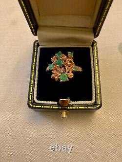 Ancient Rose Gold Solid Silver Ring with 6 Genuine Colombian Emeralds - Size 54