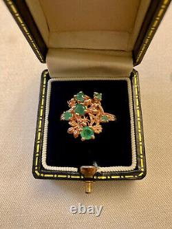 Ancient Rose Gold Solid Silver Ring with 6 Genuine Colombian Emeralds - Size 54