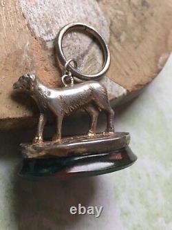 Ancient Seal Stamp Pendant Solid Silver Hollow Dog and Bloodstone